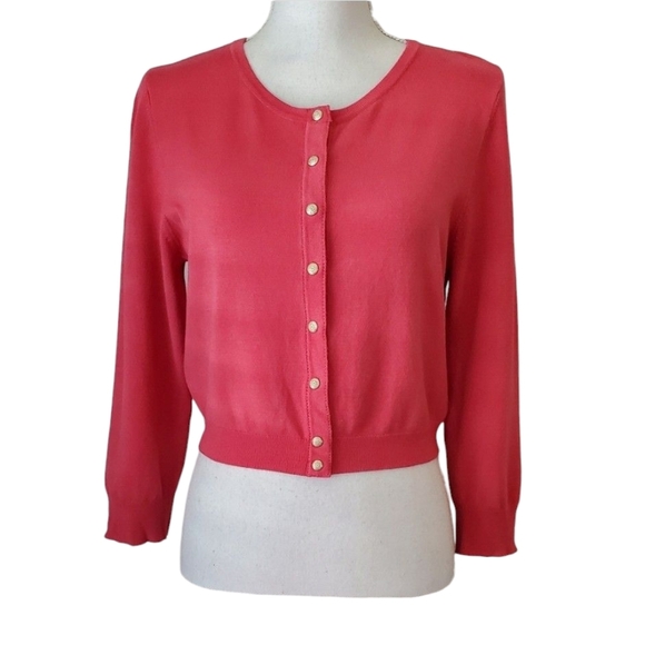 White House Black Market Coral 3/4 Sleeve Snap Closure Cropped Cardigan Size M - Picture 1 of 6